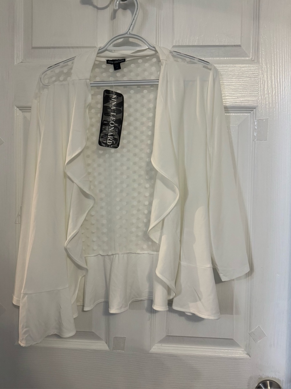 Nina Leonard White Ruffle-Front Open Cardigan